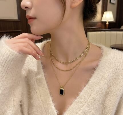 Golden Layered Chain Necklace for Women with Black Stone Pendant